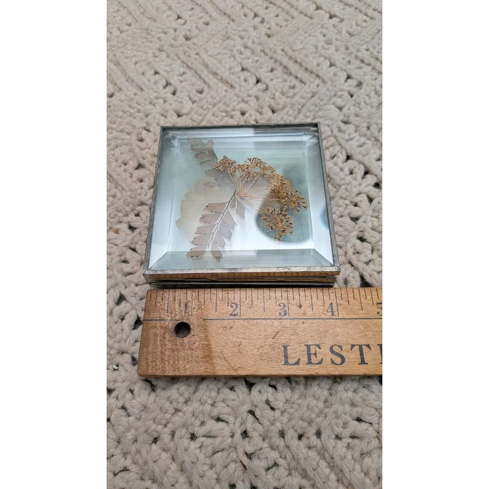 Vintage Pressed Dried Flower Glass Coasters Set of 4 Beveled Metal Edge 4x4